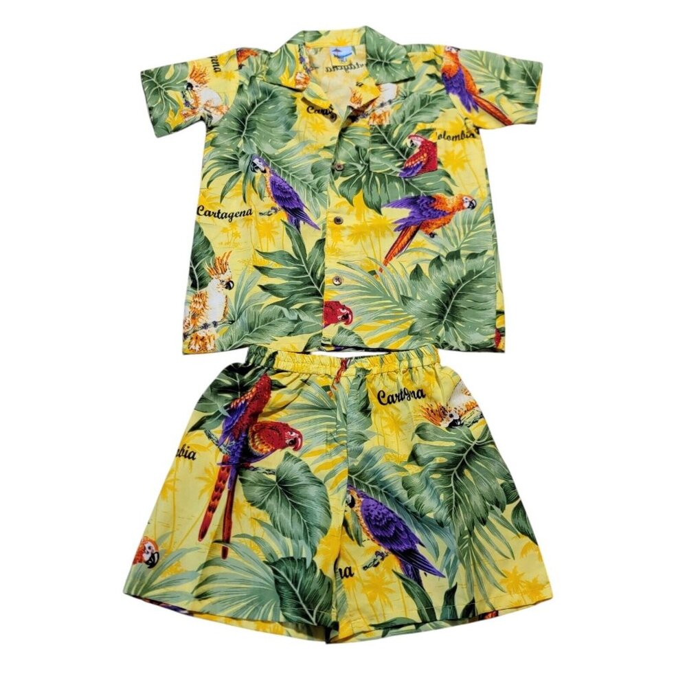 Vintage YMLA Shorts Set Cartegena Colombia Tropical Parrots Silk Feel Sz Boys 10